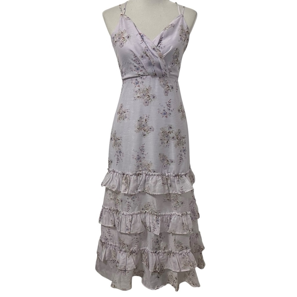 Storia Womens Floral Tiered Ruffle Midi Dress Sz Small Purple Sleeveless Strappy